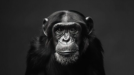 Canvas Print -   A monochrome image of a chimp with a solemn expression, facing the lens