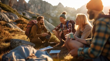 A group of experienced hikers discussing trails and routes over dinner