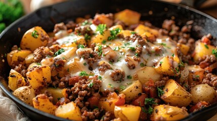 Poster - A close-up shot of a hearty and savory Hamburger Hash served in a large skillet. The dish is composed of browned ground beef, tender diced potatoes, and melted cheese. Generative AI.