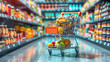 © visoot - A shopping cart with grocery products in a supermarket. Generative AI.