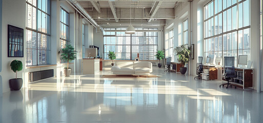 Poster - A beautiful contemporary office interior in an industrial setting. Generative AI.