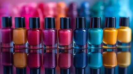 Wall Mural - Row of nail polish bottles in different pink colors. Nail polish collection