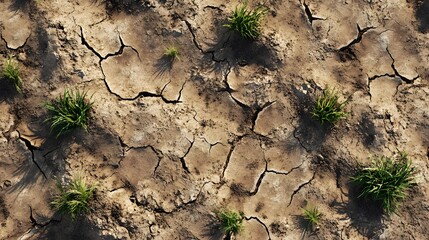 Create an ultra-realistic digital art of the ground texture, showcasing dry cracked earth with sparse green grass growing in cracks