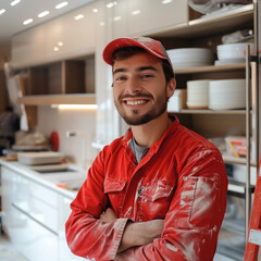 Poster - Worker with red clothes smiling at camera building a new modern kitchen. Generative AI.