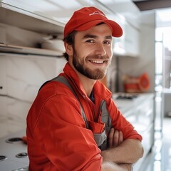 Poster - Worker with red clothes smiling at camera building a new modern kitchen. Generative AI.