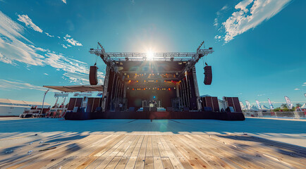 Poster - Empty backstage outdoor event, music festival, blue skies, daytime. Generative AI.