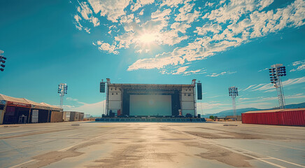 Poster - Empty backstage outdoor event, music festival, blue skies, daytime. Generative AI.
