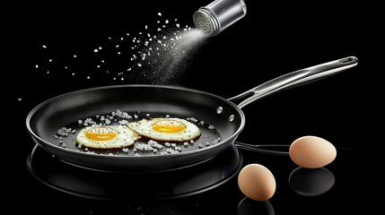 Wall Mural -   Two eggs sizzling in a frying pan against a black backdrop with a sprinkle of salt and pepper