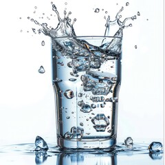 Poster - Water pours from a jug into a glass of water beautiful frozen splashes in a glass on a transparent background. Generative AI.
