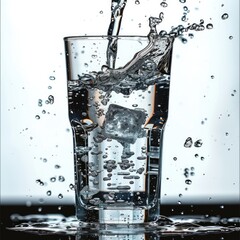 Poster - Water pours from a jug into a glass of water beautiful frozen splashes in a glass on a transparent background. Generative AI.