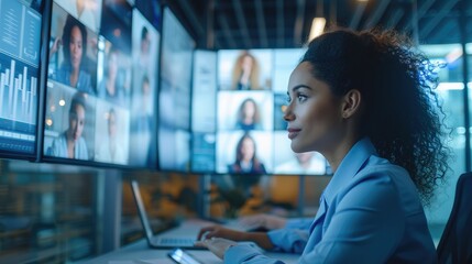 Aufkleber - Global corporation online videoconference in meeting room with diverse people sitting in modern office and multicultural multiethnic colleagues on big screen monitor. Business technologies concept.