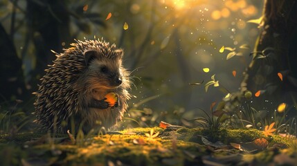 Sticker -   A hedgehog in a sunlit forest, surrounded by leafy trees