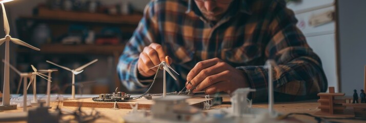 Wall Mural - A man carefully assembles a miniature wind farm model, showcasing dedication, creativity, and a passion for renewable energy. The model symbolizes a future powered by clean energy, sustainable living,