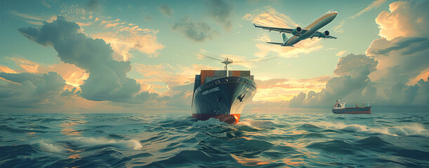 Poster - Air freight with green livery, sea cargo ship in green color in a seascape, an airplane flying above. Generative AI.