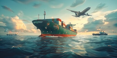 Poster - Air freight with green livery, sea cargo ship in green color in a seascape, an airplane flying above. Generative AI.