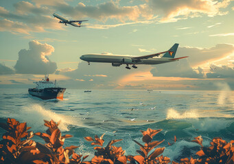 Poster - Air freight with green livery, sea cargo ship in green color in a seascape, an airplane flying above. Generative AI.