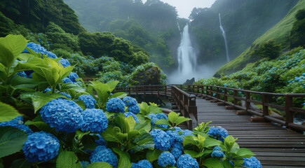 Poster - A fabulous vacation to the beautiful island, hydrangeas and a bridge over a dramatic waterfall. Generative AI.