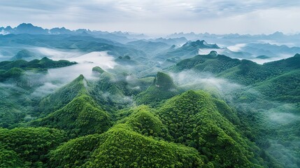 Wall Mural -   Aerial view of mountain range with lush vegetation and rising mist on top