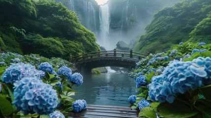 Poster - A fabulous vacation to the beautiful island, hydrangeas and a bridge over a dramatic waterfall. Generative AI.
