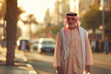 Wall Mural - Arabic man wearing traditional clothes and walking on city street