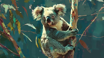 Canvas Print -  A depiction of a koala bear perched on a tree limb, its maw agape and tongue protruding