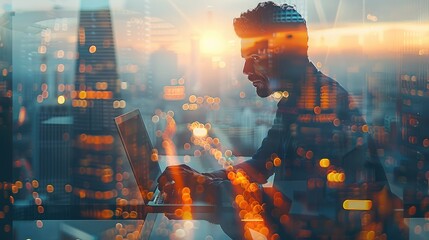 Aufkleber - Business finance and investment concept. Double exposure of businessman working on laptop computer and the city, office buildings for business and financial technology. Generative AI.