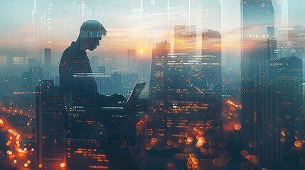 Aufkleber - Business finance and investment concept. Double exposure of businessman working on laptop computer and the city, office buildings for business and financial technology. Generative AI.