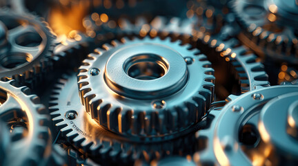 Poster - Close-up on a series of quantum mechanical gears operating in sync, symbolizing the integration of quantum mechanics in machinery. High-resolution, detailed textures. Generative AI.