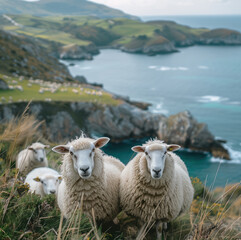 A group of sheep on mountain, with seas and hills in the background, white sheep, beautiful landscape. Generative AI.