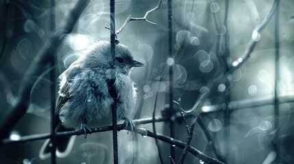 Poster -   A tiny bird sat atop a tree limb amidst a hazy backdrop of drizzle