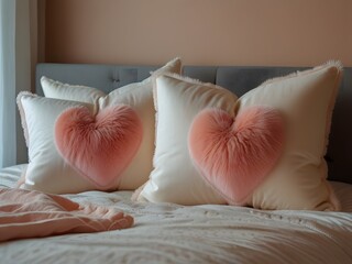 Wall Mural - Stylish Valentine's Day living room, where a soft pink sofa is decorated with red heart pillows and candles