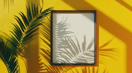 Poster - Minimalist blank picture frame mockup poster on yellow background with tropical leaf shadow. Empty frame with reflection,