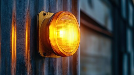 A yellow light is lit up on a metal pole