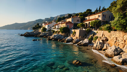 Wall Mural - Maisons en bord de mer avec vue sur montagnes