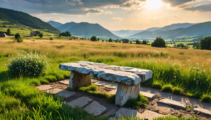 Poster - Banc en pierre dans une prairie au coucher du soleil