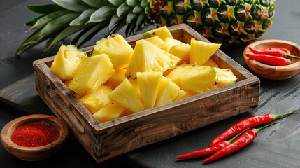 Wall Mural -   A wooden box contains sliced pineapples, accompanied by a bowl of chili peppers and a pineapple on the table