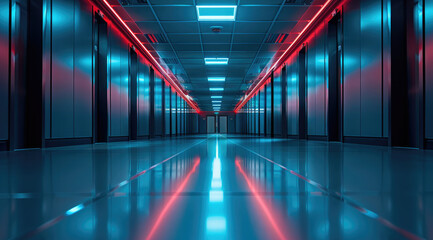 Fototapete - Low-angle shot of data room from floor, with soft turquoise light. Generative AI.