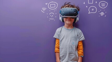 Poster - Little boy in VR glasses standing near purple wall with headphones, and social media icons. Concept of online entertainment. Generative AI.