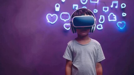 Poster - Little boy in VR glasses standing near purple wall with headphones, and social media icons. Concept of online entertainment. Generative AI.