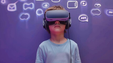 Poster - Little boy in VR glasses standing near purple wall with headphones, and social media icons. Concept of online entertainment. Generative AI.