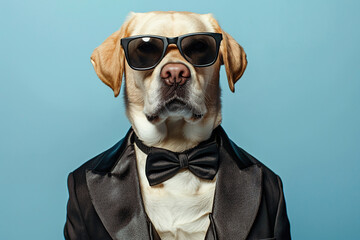 Wall Mural - Cute labrador dog in modern tuxedo and sunglasses on blue background