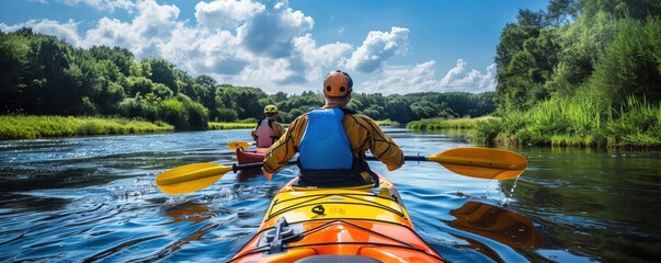 Two people kayaking down a river on a sunny day.