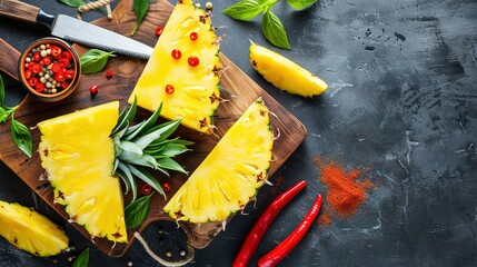   A cutting board topped with sliced pineapple, beside a knife and a pepper shaker