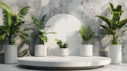 Aufkleber - Modern white podium stage with tropical plants and concrete background, minimalist display platform. Generative AI.
