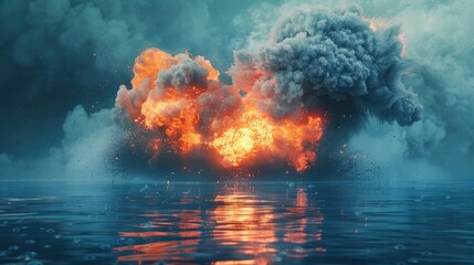 Bomb explosion in sea. Fire and smoke on water. explosion bomb in ocean