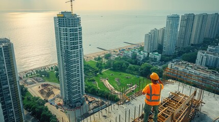 Aufkleber - Aerial view of construction workers wearing safety gear standing on the roof, looking at their project layout design with high-rise buildings and an ocean view in the background. Generative AI.
