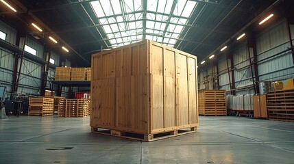 Leinwandbilder - A giant wooden box inside a warehouse. Generative AI.