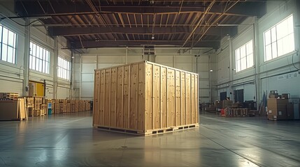 Leinwandbilder - A giant wooden box inside a warehouse. Generative AI.