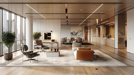 Poster - A contemporary office with an open-plan layout featuring private offices, collaborative workspaces, and meeting rooms. Flooring is light-stained oak wood and polished concrete. Generative AI.