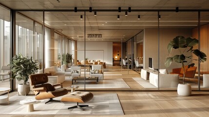 a contemporary office with an open-plan layout featuring private offices, collaborative workspaces, 